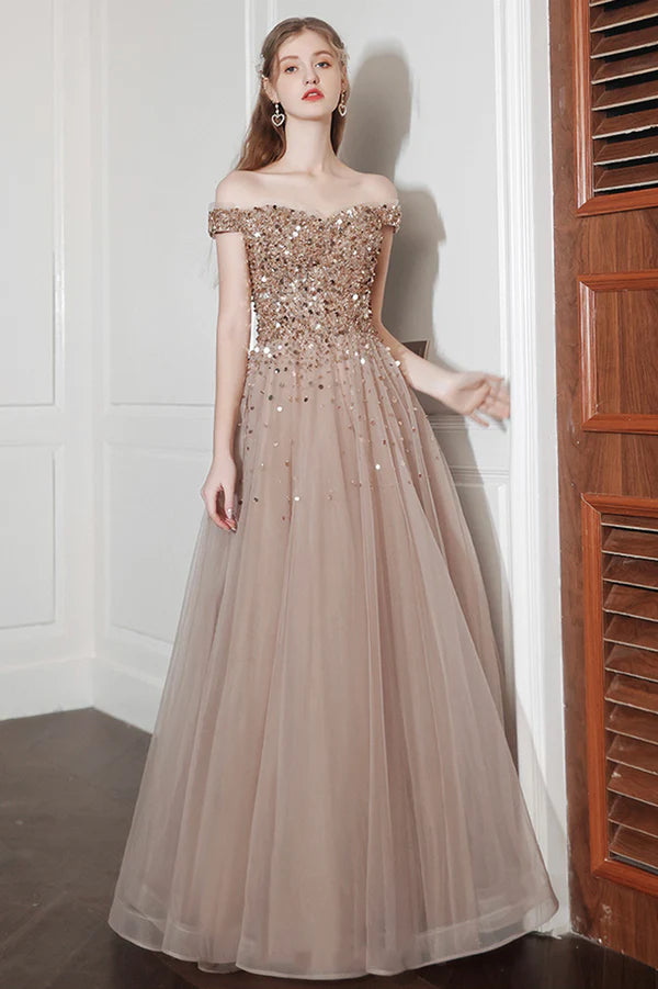 A-Line Tulle Long Prom Dress with Sequins Lovely Off the Shoulder Evening Dress